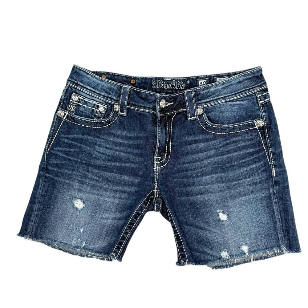 Miss Me Shorts Womens 30 Blue Denim Distressed Hem Embellished Trendy EUC